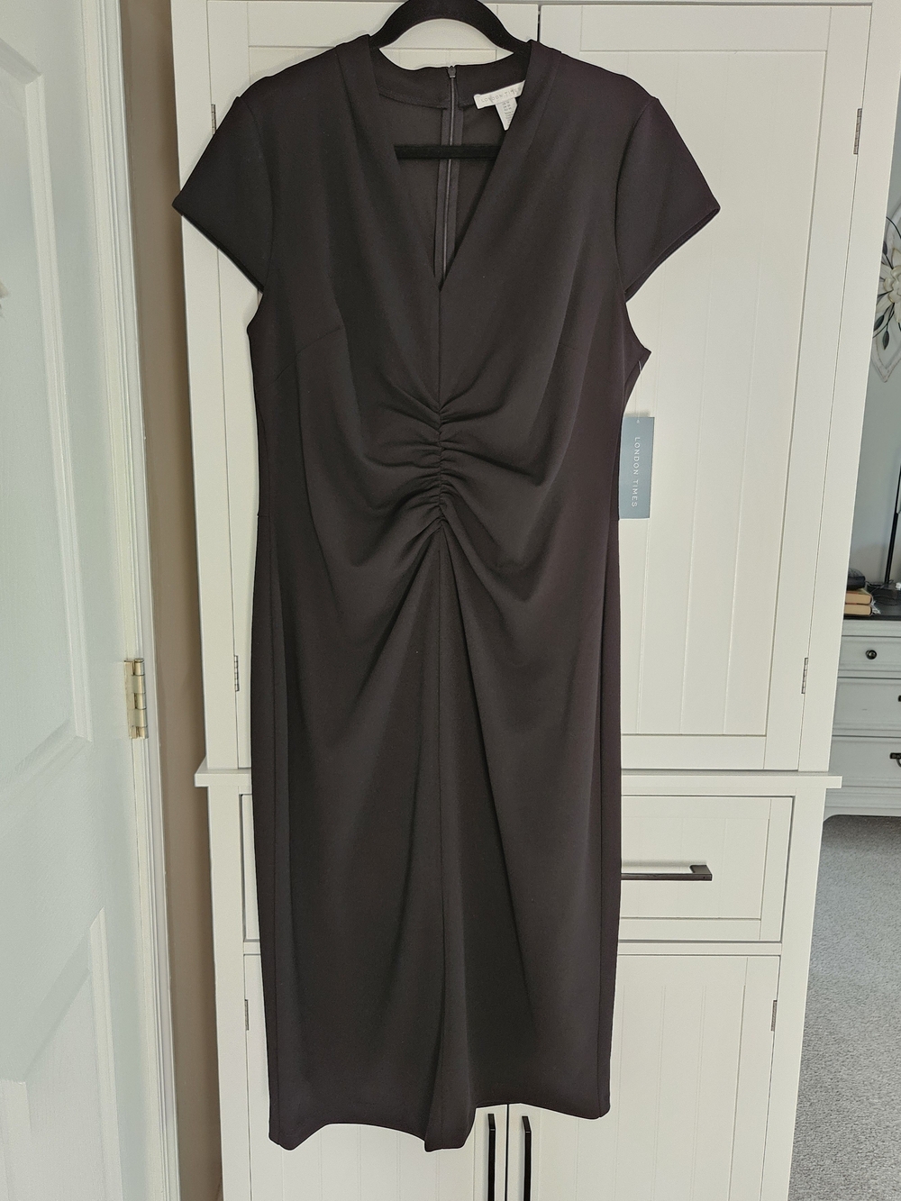 London Times Black Ruched Front Midi Dress